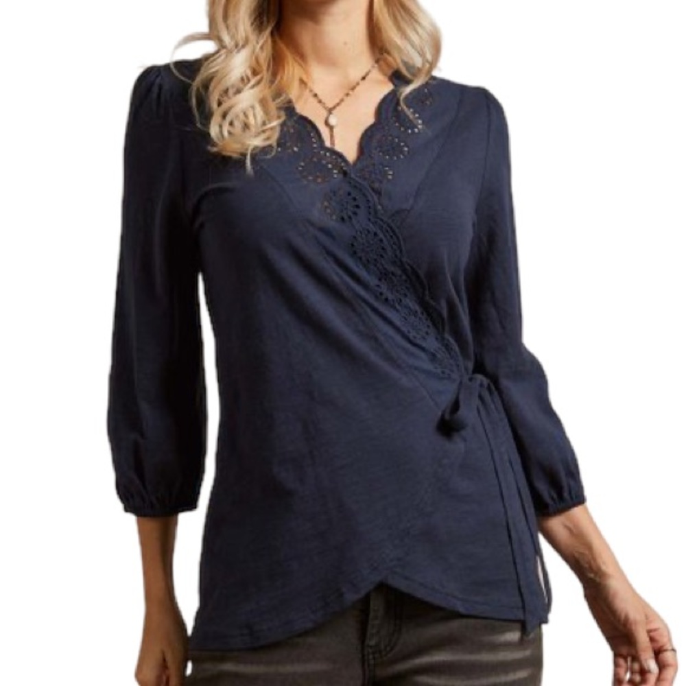 NWT Susan Betro Navy Blue Eyelet Lace 3/4 Sleeve Wrap Crossover Blouse Sz. 4X